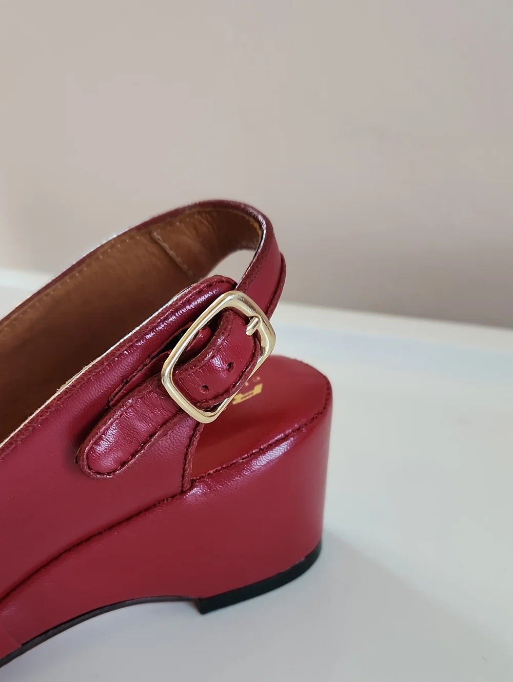 Re-mix Classic Vintage Gloria Red Leather Slingback Wedge  Heels with Bow Size 7